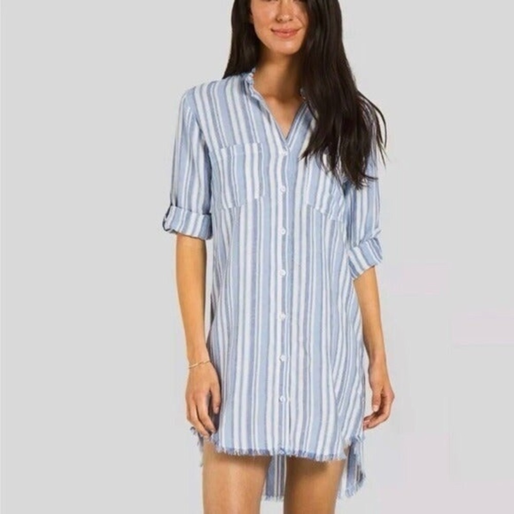 Cloth & Stone Striped Shirt Dress Roll Tab Sleeve Frayed Hem Casual Blue Size XS